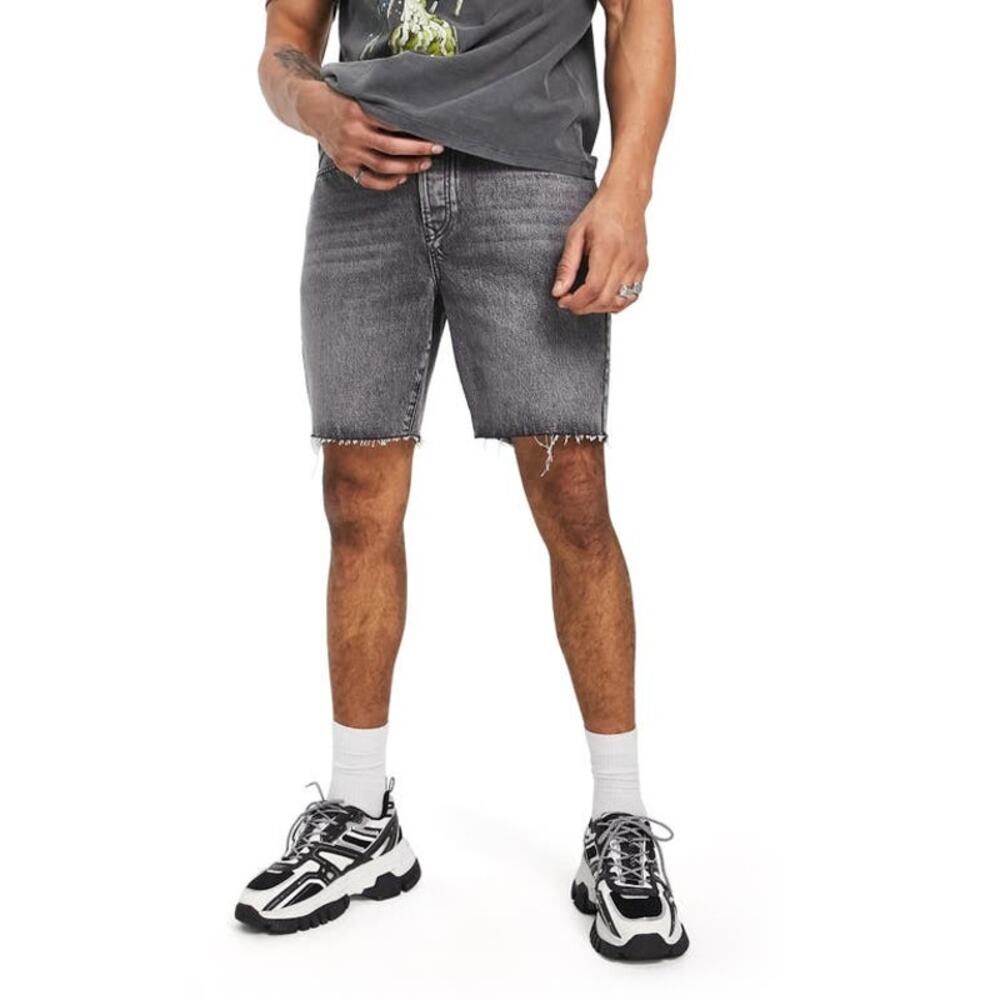 TOPMAN | NEW Black Faded Frayed Hem Slim Fit Sz 32 Denim Short Summer Streetwear